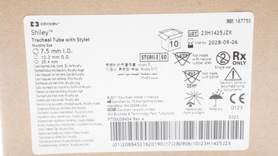 Covidien 18775S Shiley Tracheal Tube W/Stylet 7.5ID x 10.2OD x 25.4mm- Box of 10